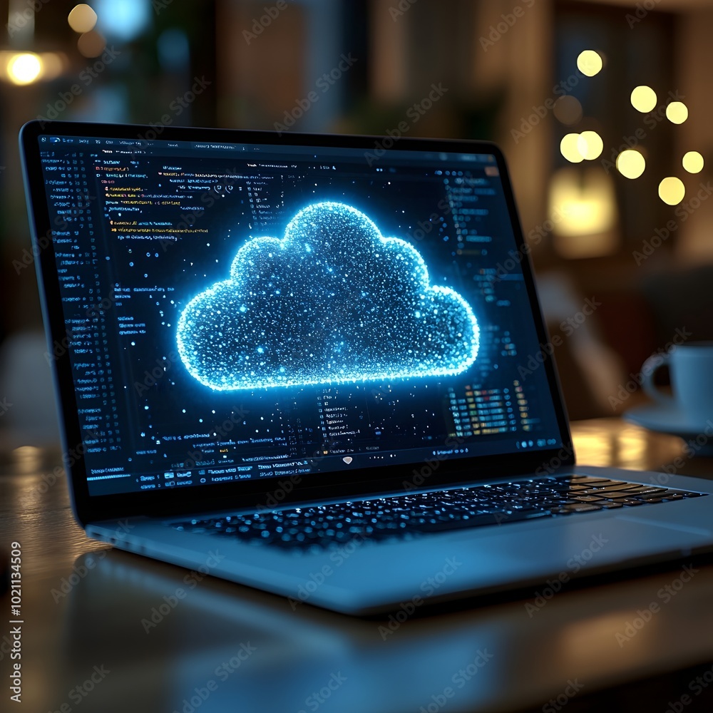 Poster A detailed shot of a cloud computing platform showcased on a laptop display highlighting the seamless file transfer to distant storage servers with abundant capacity