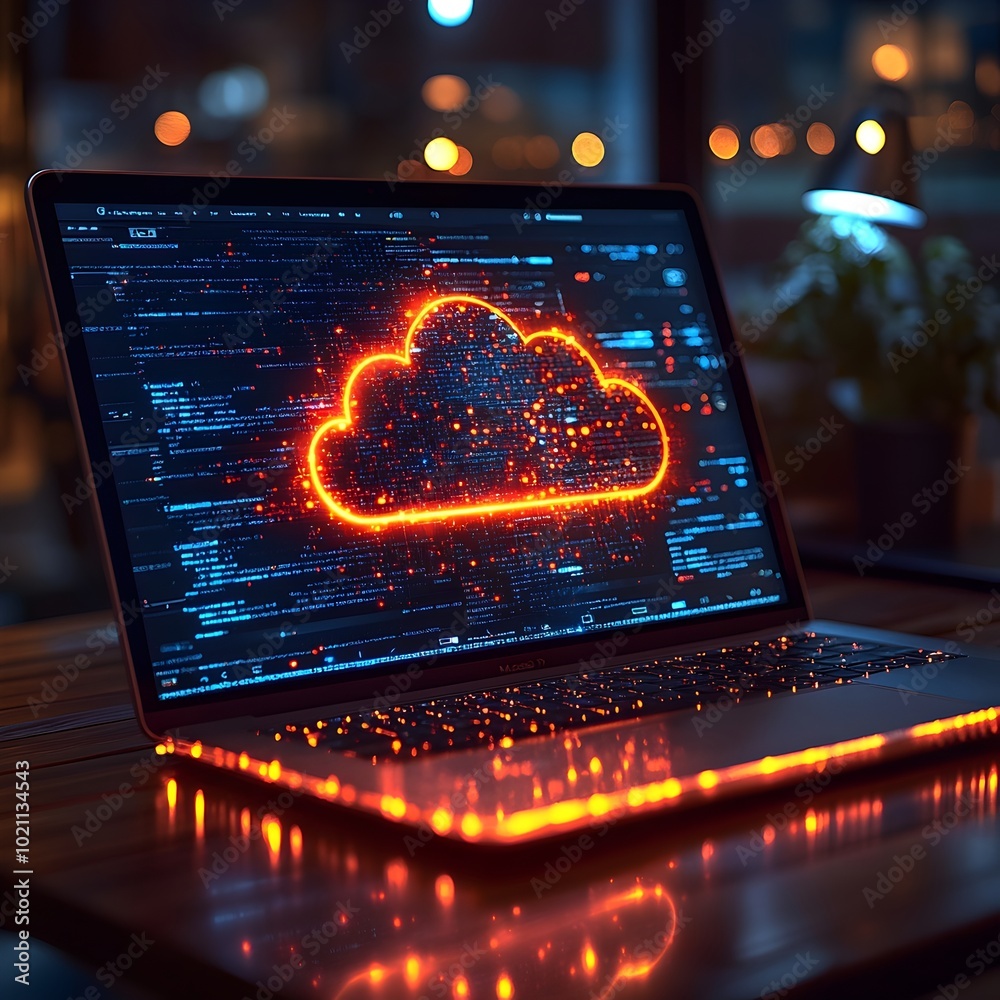 Poster Detailed shot of a cloud computing platform showcased on a laptop display highlighting the seamless process of file transfer to distant storage servers with abundant capacity