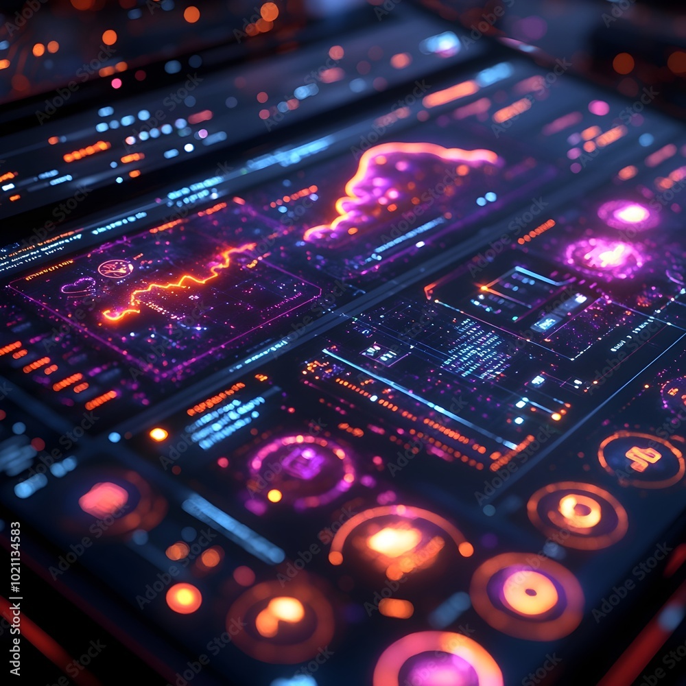 Poster Sleek cloud computing dashboard showcasing effortless file transfers to sprawling digital storage networks with a techno organic user interface and glowing neon hues