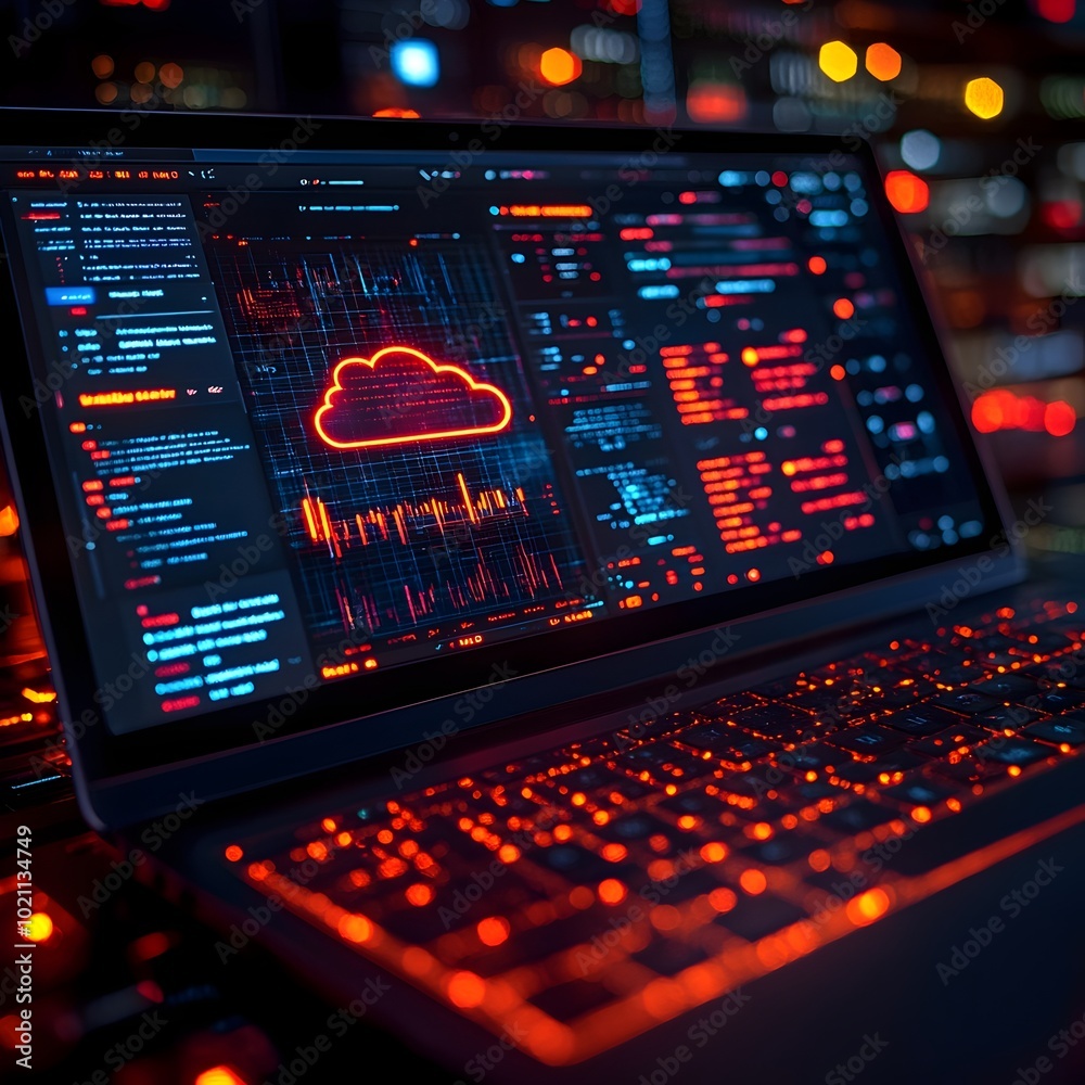 Leinwandbilder Macro view of a cloud computing dashboard on a laptop displaying the seamless uploading of documents to vast remote data repositories