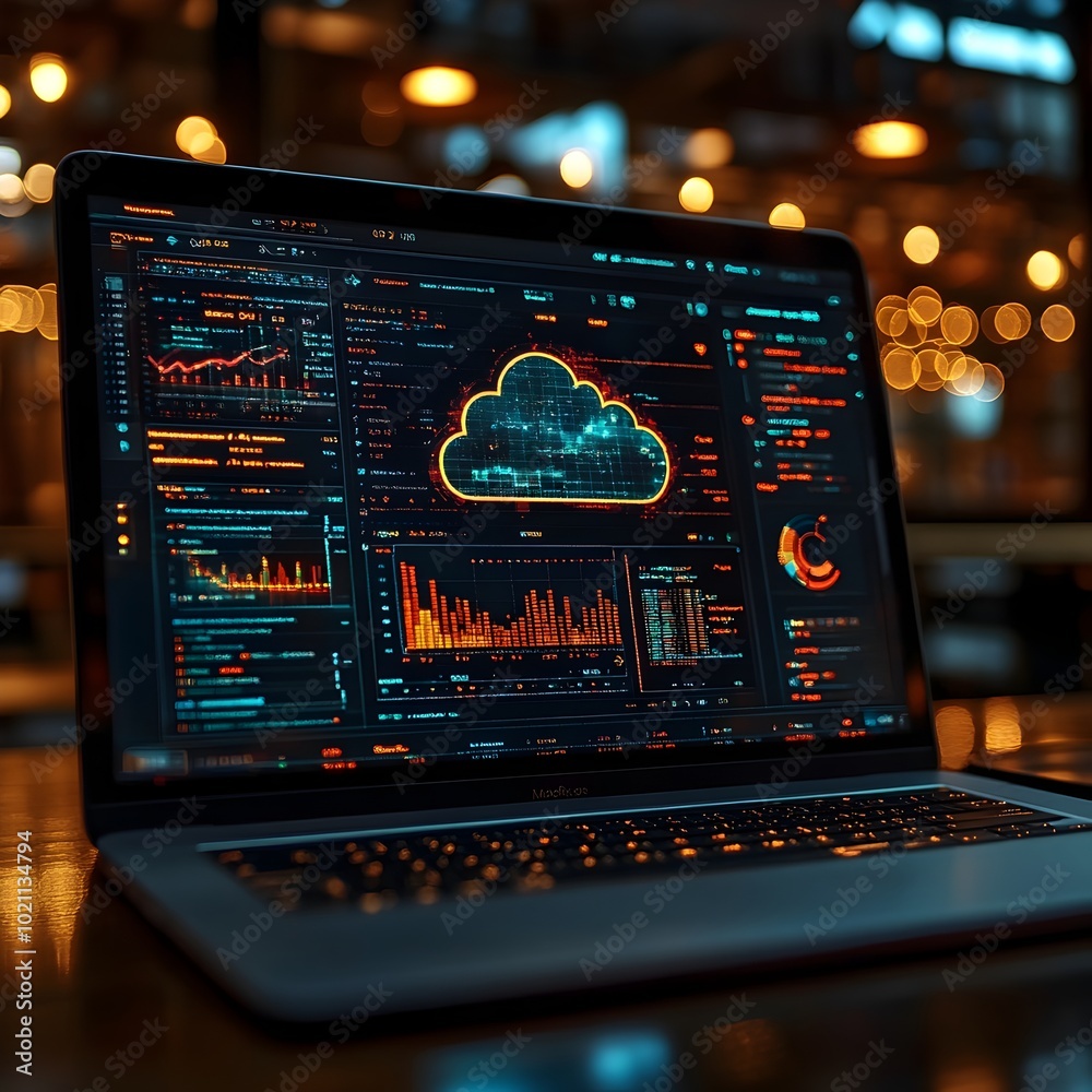 Leinwandbilder Macro view of a cloud computing dashboard on a laptop showcasing the seamless uploading of digital documents to vast remote data repositories