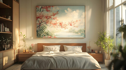 Bedroom Interior Design with Painting of Flowers by the Lake - Illustration