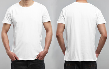 Man in white t-shirt on grey background, closeup. Collage of photos