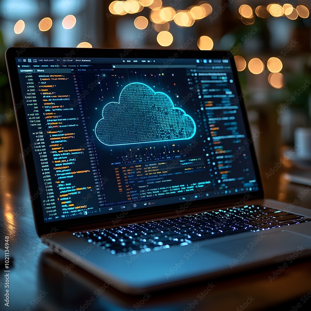 Leinwandbilder Detailed snapshot of a cloud computing dashboard on a laptop illustrating the efficient process of migrating files to extensively provisioned remote servers featuring a modern digital interface
