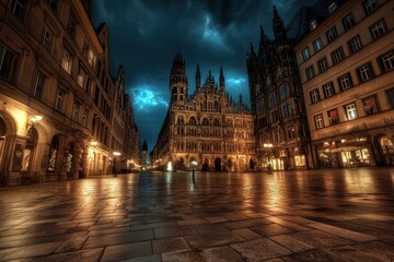 Fototapeta premium Marienplatz at night, Munich, Germany. Creepy mystery view of dark Gothic City Hall with bats. Spooky old castle or palace on full moon. with generative ai