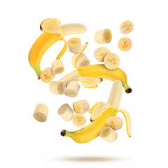 Fresh ripe bananas falling on white background