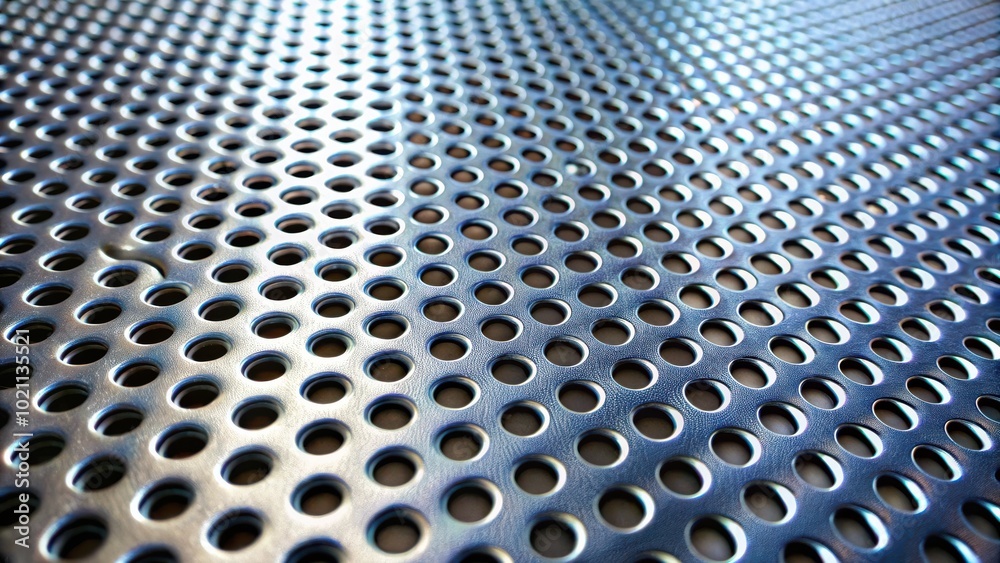 Poster A close-up view of a metallic perforated sheet, showcasing the repeating pattern of circular holes, creating a visually appealing texture with a subtle depth of field effect.
