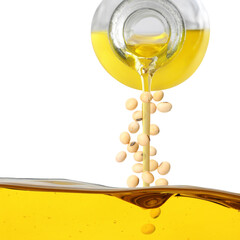Vegetable oil and soy beans pouring from glass jug on white background
