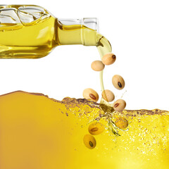 Vegetable oil and soy beans pouring from glass jug on white background