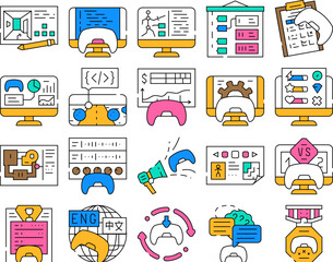 game development software icons set vector. computer screen, industry technology, office people, young code, program developer game development software color Contour Illustrations