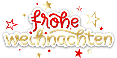 FROHE WEIHNACHTEN (MERRY CHRISTMAS in German) red, gold and white typography banner with stars on transparent background