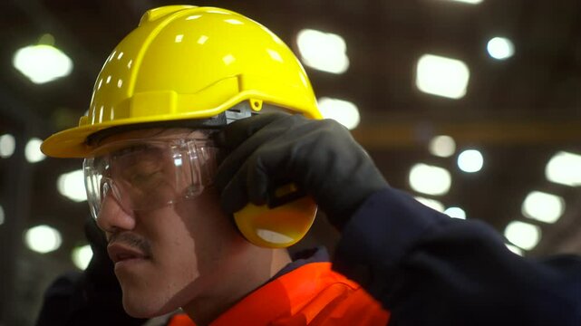 Close up technician worker wearing and adjust  ear protection, protective headphones, ear muff. Safety equipment for industry factory. Safety at work concept.
