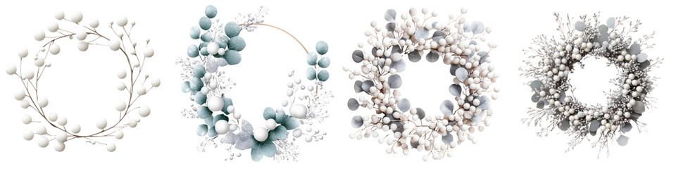 Four decorative wreaths made from various natural elements, white isolated background.