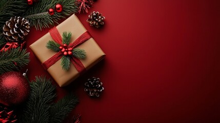 Christmas gift with red ribbon and pinecone on red background
