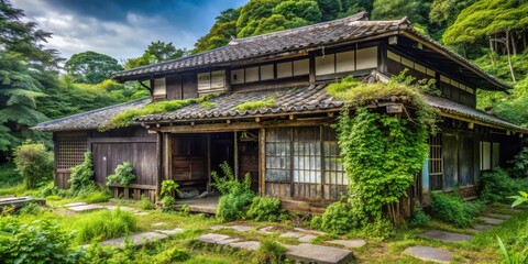 A weathered wooden house with a traditional Japanese roof, surrounded by lush greenery and stone pathways.