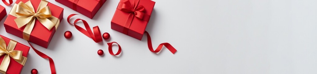 Festive red gift boxes with golden red ribbon bow  on white background. Merry Christmas present box. For New Year holiday, event. Secret Santa Gift Exchange. Flat lay, top view, banner, copy space.