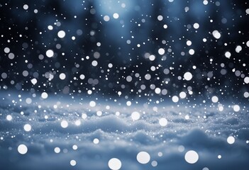 Winter snowfall landscape. Falling white snowflake bokeh. Snow surface. Festive background for Merry Christmas, Happy New Year, holiday, party. Beautiful natural frosty backdrop. Card, poster.  