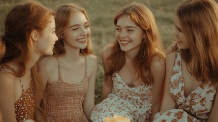 Obraz premium Friends having a picnic outdoors, all wearing dresses in various styles, laughing and enjoying the moment, [Wear a Dress Day], [friendship and style], ,