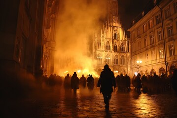 Marienplatz at night, Munich, Germany. Creepy mystery view of dark Gothic City Hall with bats. Spooky old castle or palace on full moon. with generative ai