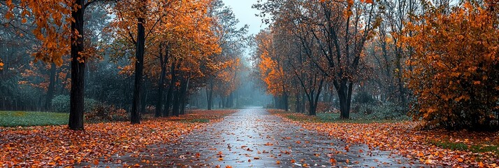 A serene landscape featuring an orange-hued pathway lined with vibrant autumn trees, creating a peaceful and reflective atmosphere, perfect for a stroll in nature.