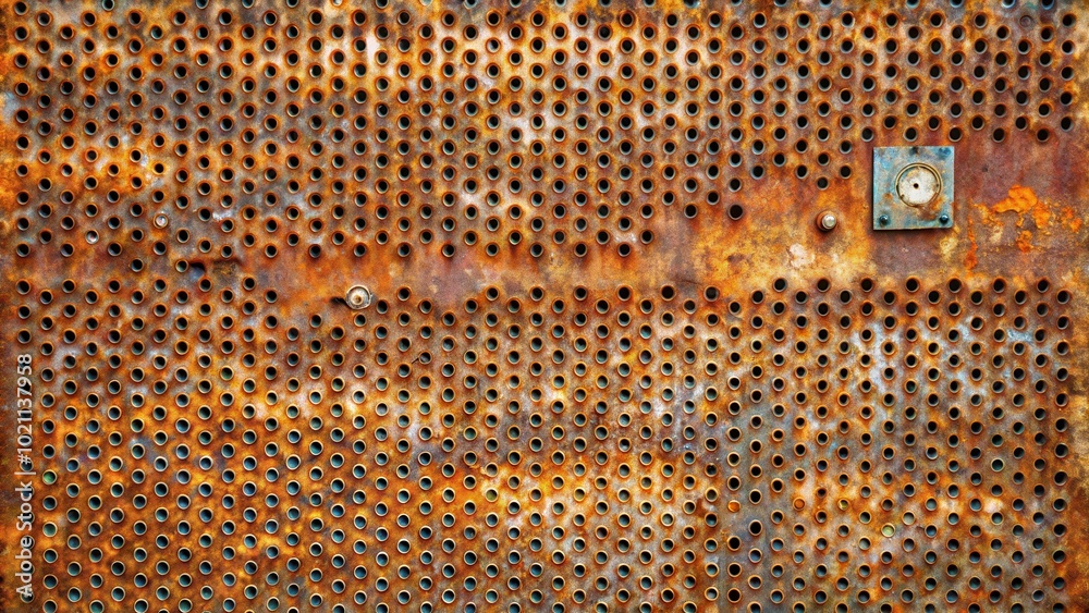 Aufkleber rustic metal sheet with circular holes and traces of rust