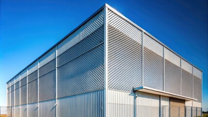 Modern industrial building with a geometric patterned facade and blue sky