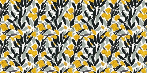 Modern printed fabric flower block print pattern with linen texture effect. Stylized boho dark floral for chic fashion background motif border design.