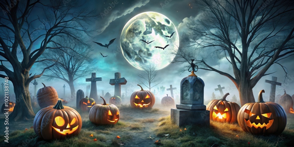 Poster carved jack-o'-lanterns glow in the moonlight, casting an eerie light across a graveyard shrouded in