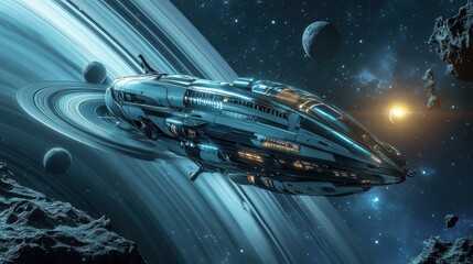 Fototapeta premium Futuristic spaceship navigating the cosmic space near a ringed planet, surrounded by stars and moons.