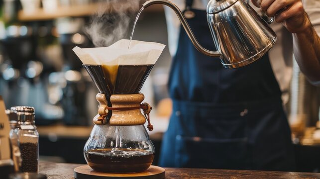 Barista Preparing Freshly Brewed Coffee in a Cafe Setting
