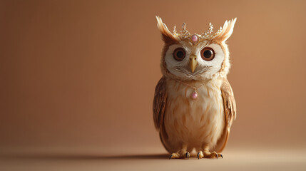 Obraz premium A majestic owl, adorned with a crown and necklace, sits on a brown background, looking regal and wise.