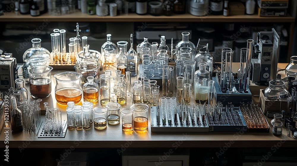 Poster A cluttered laboratory counter filled with an array of scientific glassware test tubes and various equipment casting intriguing shadows and reflections under the bright fluorescent lighting