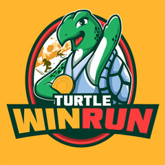 turtle win run mascot kid logo illustration