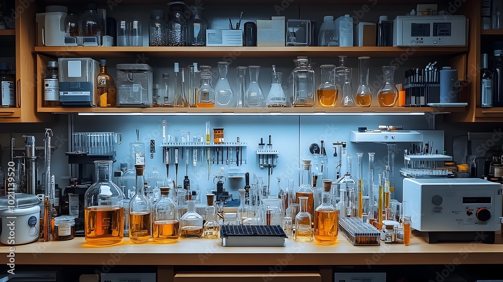 Poster A cluttered laboratory counter filled with an array of scientific glassware test tubes and various equipment casting intriguing shadows and reflections under the bright fluorescent lighting