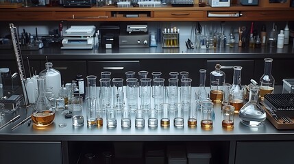 Intricate scientific glassware beakers and test tubes arranged meticulously on a stainless steel laboratory counter