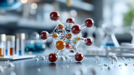 Cutaway view of a molecular structure with transparent surfaces revealing the inner workings and color coded atomic elements  Technical diagrams and data readouts complement the cinematic composition