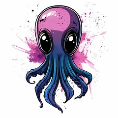 A colorful, cartoon-style octopus with large eyes and a splash of paint in the background.