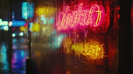A neon sign reflected on a rain-covered glass window, with vivid colors blending into a soft glow in the night atmosphere