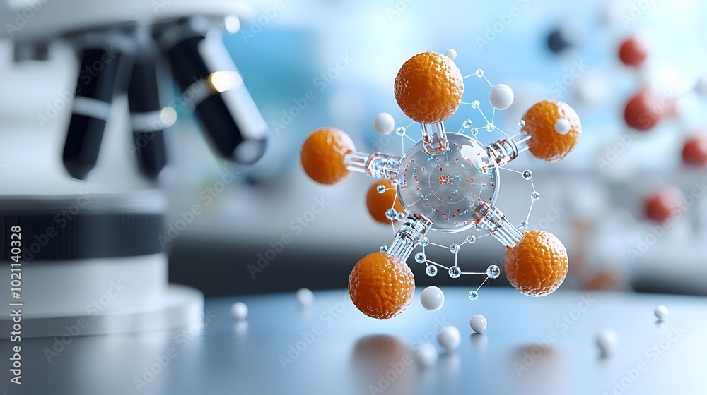 Aufkleber rendering of a complex molecular model with intricate interweaving of atoms and molecules detailed structural components and dynamic scientific data overlay in a sleek