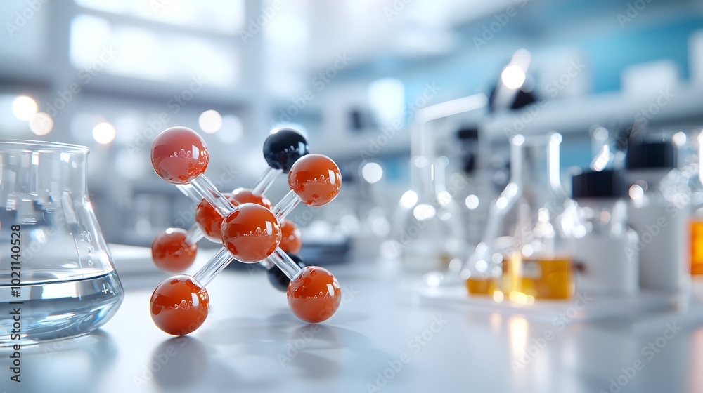 Poster Captivating 3D model of a molecular structure with intricate atomic bonds and chemical elements meticulously rendered surrounded by a sterile laboratory inspired environment featuring glassware