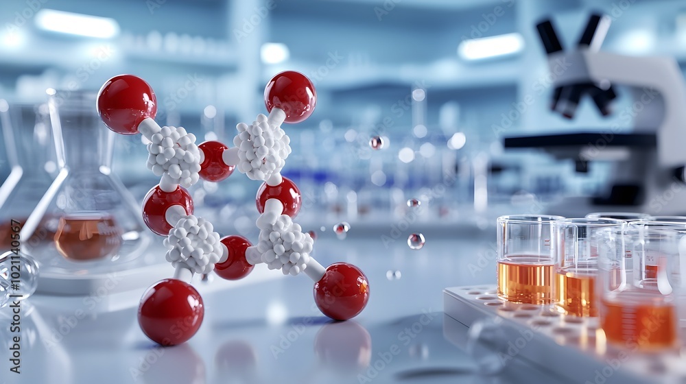 Poster Captivating 3D model of a molecular structure showcasing intricate atomic bonds and chemical elements meticulously rendered surrounded by a sterile laboratory inspired environment with glassware
