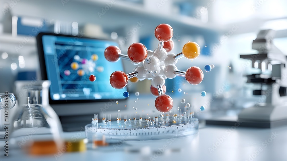 Fototapete 3D representation of a captivating molecular model with swirling subatomic particles and vibrant color coded elements