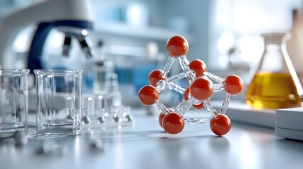 Captivating 3D model of a molecular structure showcasing the intricate atomic bonds and chemical elements meticulously rendered within a sterile laboratory inspired environment featuring glassware