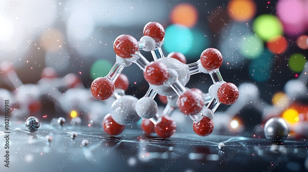 Poster captivating 3d of an intricate molecular model with vibrant neon infused science inspired background
