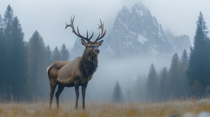 Fototapeta premium A majestic deer and elk standing in the forest, surrounded by wildlife and nature, with their antlers proudly displayed amidst the tall grass in a peaceful woodland scene