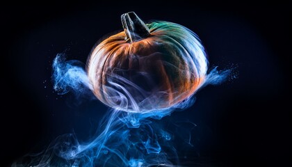 Naklejka premium A radiant pumpkin glowing with vibrant neon hues and swirling lights, exuding a mystical aura—an enchanting blend of artistry and fantasy, perfect for Halloween nights.