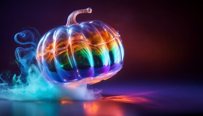 A radiant pumpkin glowing with vibrant neon hues and swirling lights, exuding a mystical aura—an enchanting blend of artistry and fantasy, perfect for Halloween nights.