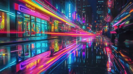 An urban scene with neon lights reflecting off a glass storefront, creating vibrant streaks of color in the night sky