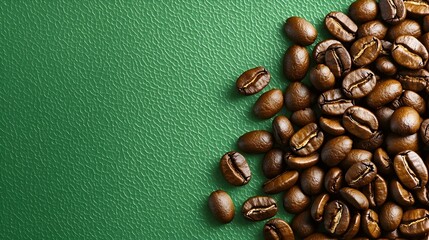 Freshly roasted and tumbling coffee beans against a textured green background creating an eye...