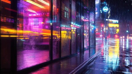 Obraz premium An urban scene with neon lights reflecting off a glass storefront, creating vibrant streaks of color in the night sky